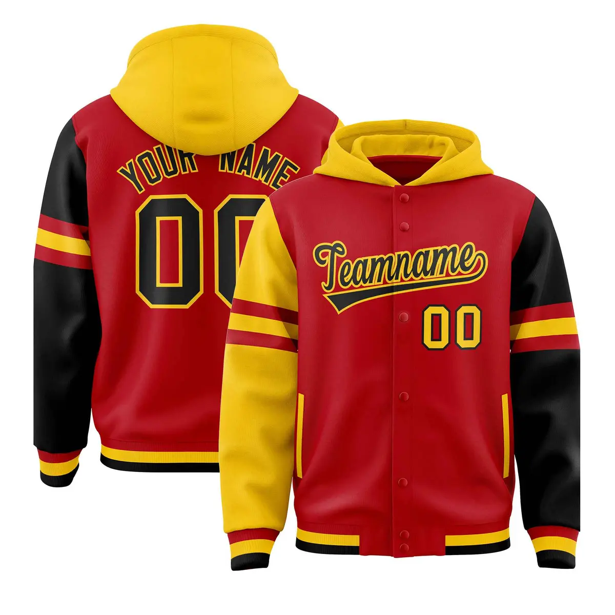 Red Gold-Black Three Stripes Raglan Full-Snap Varsity Letterman Hoodie