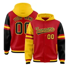 Red Gold-Black Three Stripes Raglan Full-Snap Varsity Letterman Hoodie