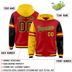 Red Gold-Black Three Stripes Raglan Full-Snap Varsity Letterman Hoodie 4