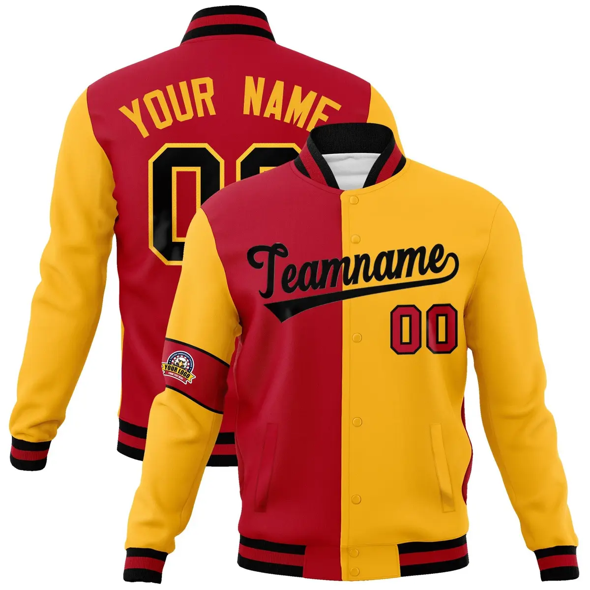 Red Gold-Black Two Tone Split Letterman Varsity Jacket