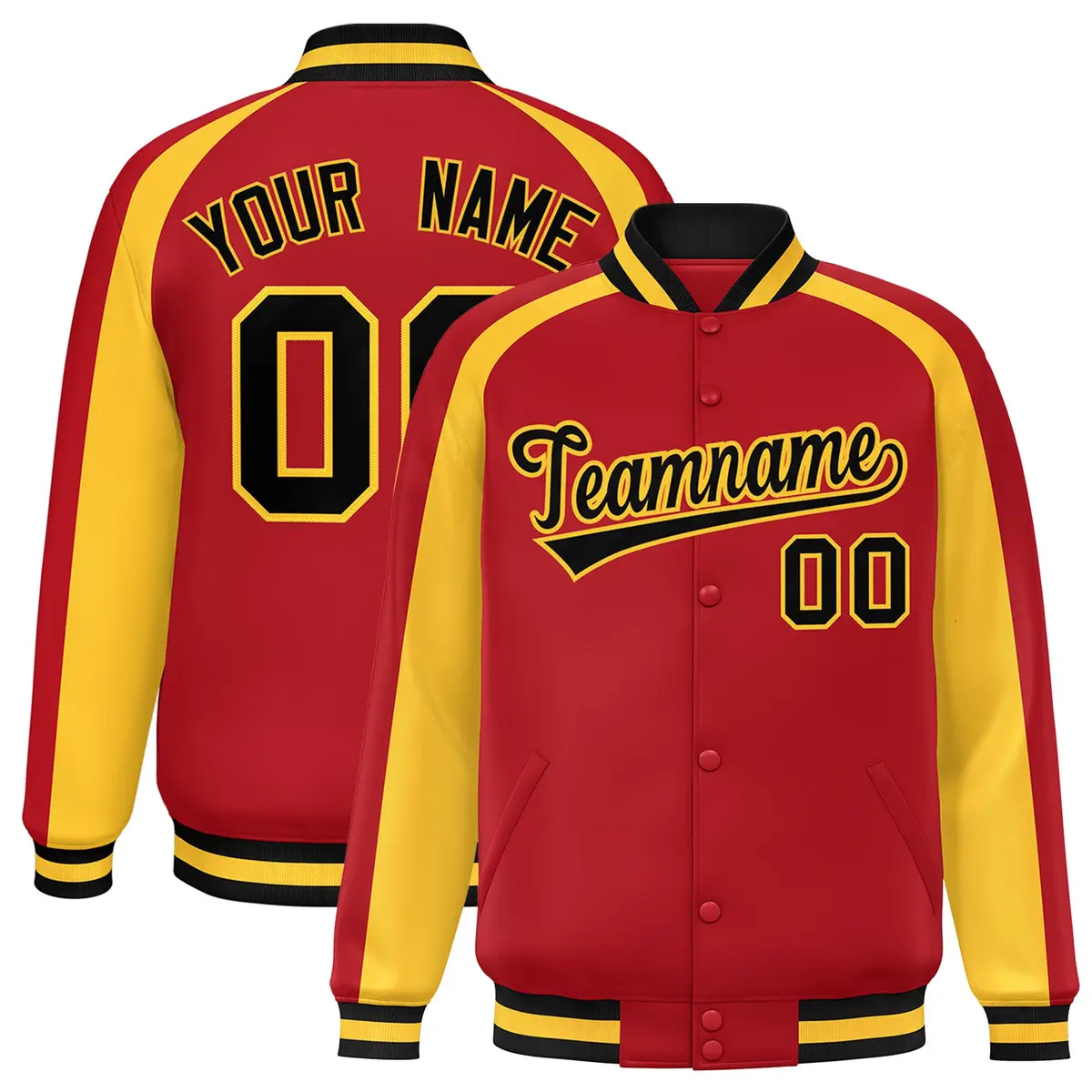 Red Gold Color Block Raglan Varsity Letterman Jacket