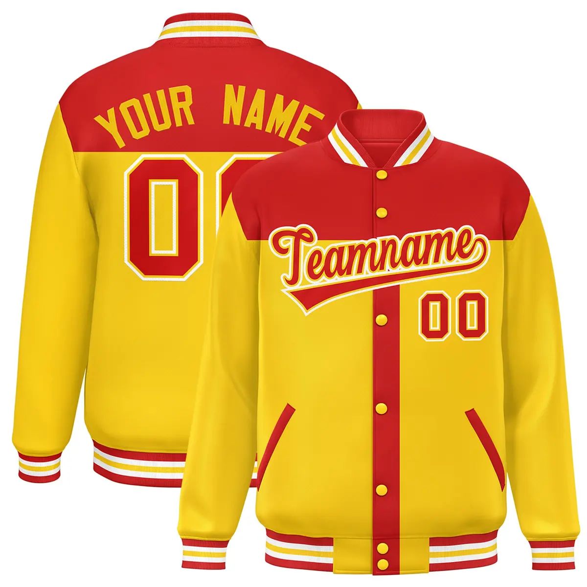 Red Gold Color Block Varsity Bomber Baseball Jacket