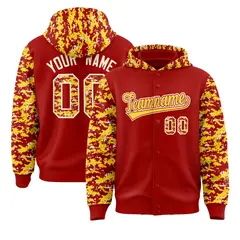 Red Gold-Cream Camo Raglan Full-Snap Varsity Letterman Hoodie Jacket 1
