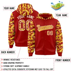 Red Gold-Cream Camo Raglan Full-Snap Varsity Letterman Hoodie Jacket 4