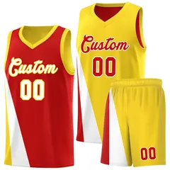 Red Gold Diagonal Two-Line Color Block Basketball Jersey