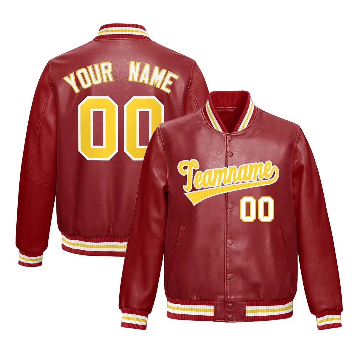 Red Gold Faux Leather Letterman Jacket Full-Snap Varsity