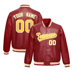 Red Gold Faux Leather Letterman Jacket Full-Snap Varsity 1