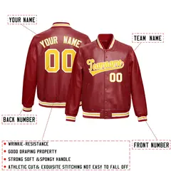 Red Gold Faux Leather Letterman Jacket Full-Snap Varsity 2