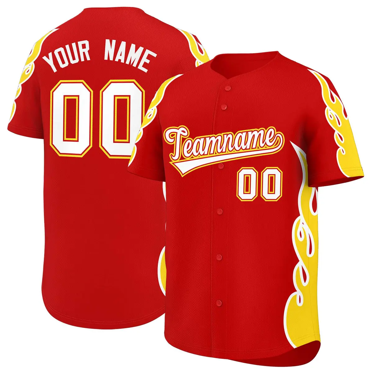 Red Gold Flame Outline Side Pattern Sports Baseball Jersey