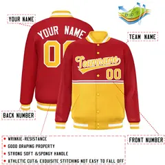 Red Gold Full-Snap Color Block Varsity Letterman Jacket 2