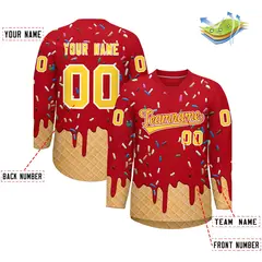 Red Gold Ice Cream Pattern V-Neck Hockey Jersey 2
