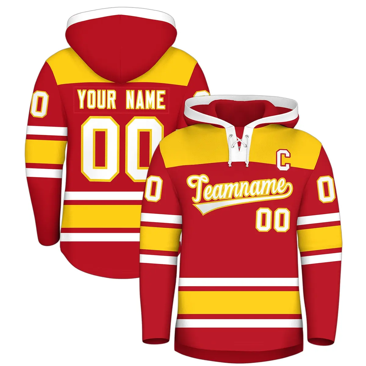 Red Gold Lace-Up Neck Raglan Hockey Hoodie Jersey
