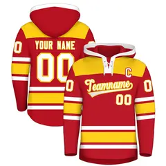 Red Gold Lace-Up Neck Raglan Hockey Hoodie Jersey 1