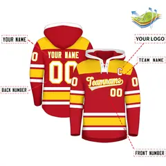 Red Gold Lace-Up Neck Raglan Hockey Hoodie Jersey 2