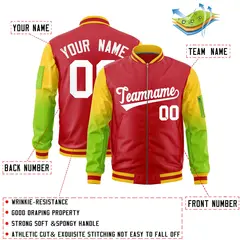 Red Gold-Neon Green Gradient Full-Zip Letterman Bomber Jacket 2