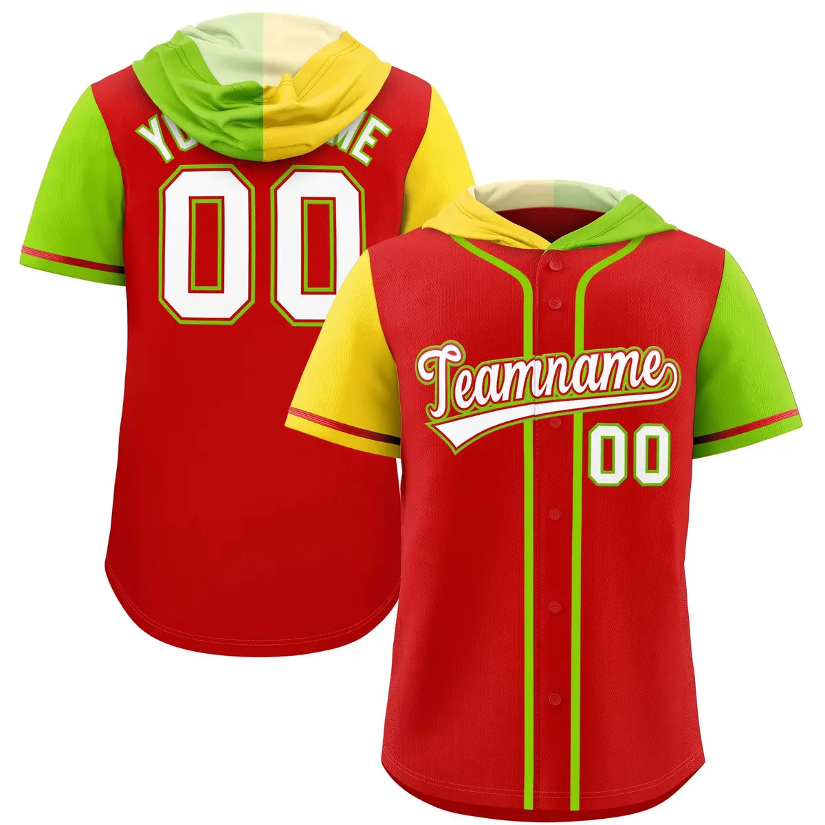 Red Gold Neon Green Split Raglan Baseball Hoodie Jersey
