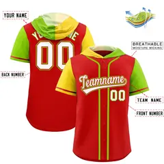 Red Gold Neon Green Split Raglan Baseball Hoodie Jersey 2