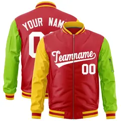 Red Gold Neon Green Varsity Letterman Bomber Jacket Full-Zip Raglan Sleeves 1