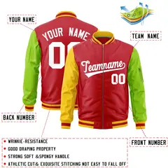 Red Gold Neon Green Varsity Letterman Bomber Jacket Full-Zip Raglan Sleeves 2