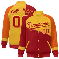 Red Gold-Orange Color Block Varsity Full-Snap Baseball Jacket