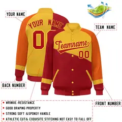 Red Gold-Orange Color Block Varsity Full-Snap Baseball Jacket 2