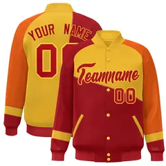 Red Gold-Orange Color Block Varsity Full-Snap Baseball Jacket
