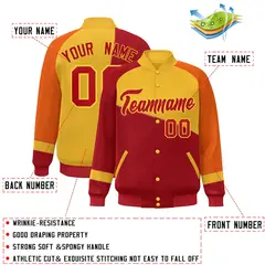 Red Gold-Orange Color Block Varsity Full-Snap Baseball Jacket 2