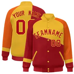Red Gold-Orange Color Block Varsity Full-Snap Baseball Jacket