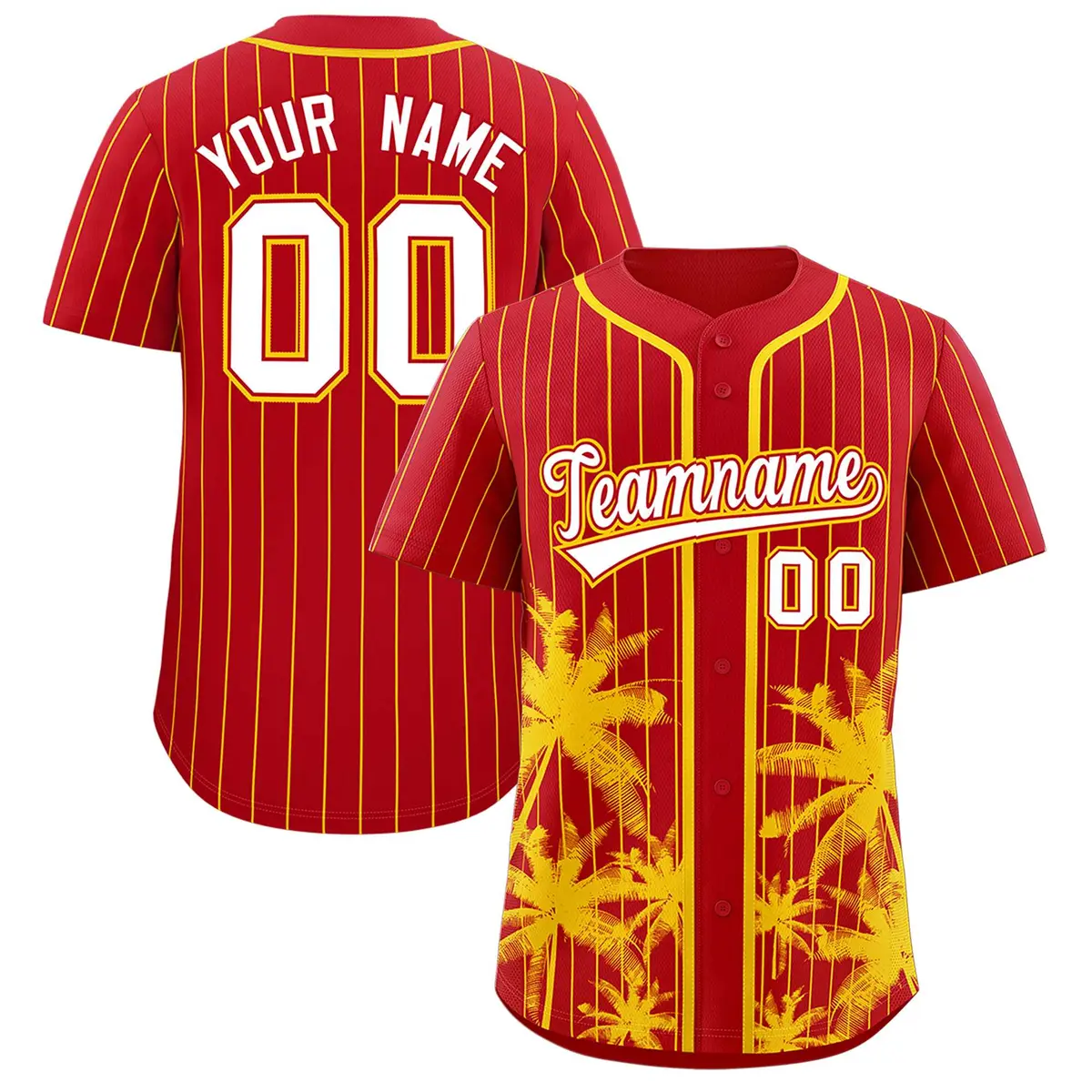 Red Gold Pinstripe Coconut Tree Baseball Jersey
