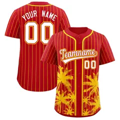 Red Gold Pinstripe Coconut Tree Baseball Jersey 1