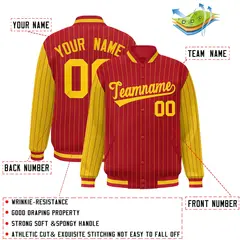 Red Gold Pinstripe Raglan Varsity Letterman Baseball Jacket 2