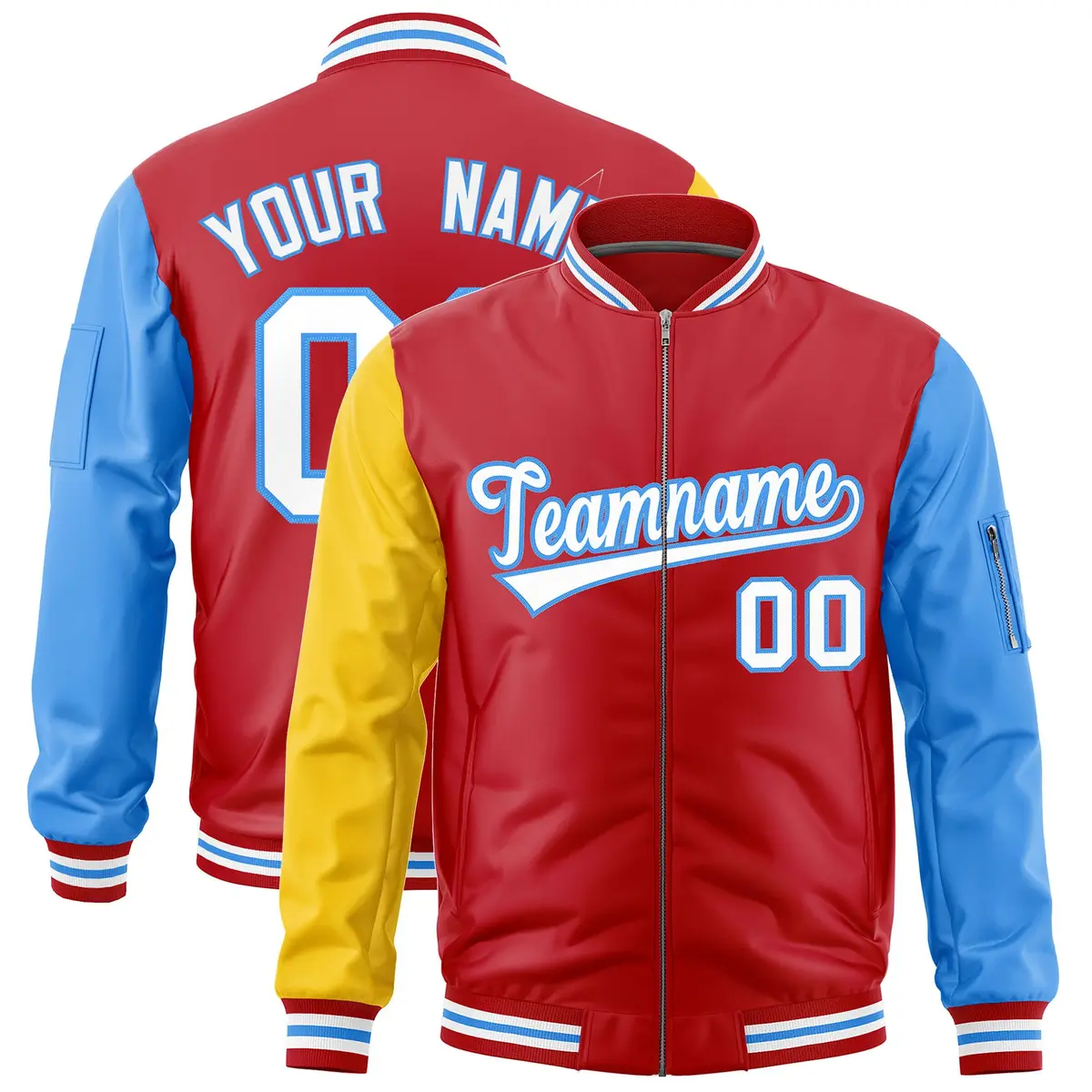 Red Gold Powder Blue Varsity Letterman Bomber Jacket Full-Zip Raglan