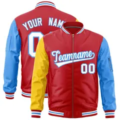 Red Gold Powder Blue Varsity Letterman Bomber Jacket Full-Zip Raglan