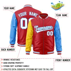 Red Gold Powder Blue Varsity Letterman Bomber Jacket Full-Zip Raglan 2