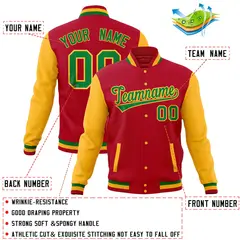 Red Gold Raglan Full-Snap Varsity Letterman Baseball Jacket 4