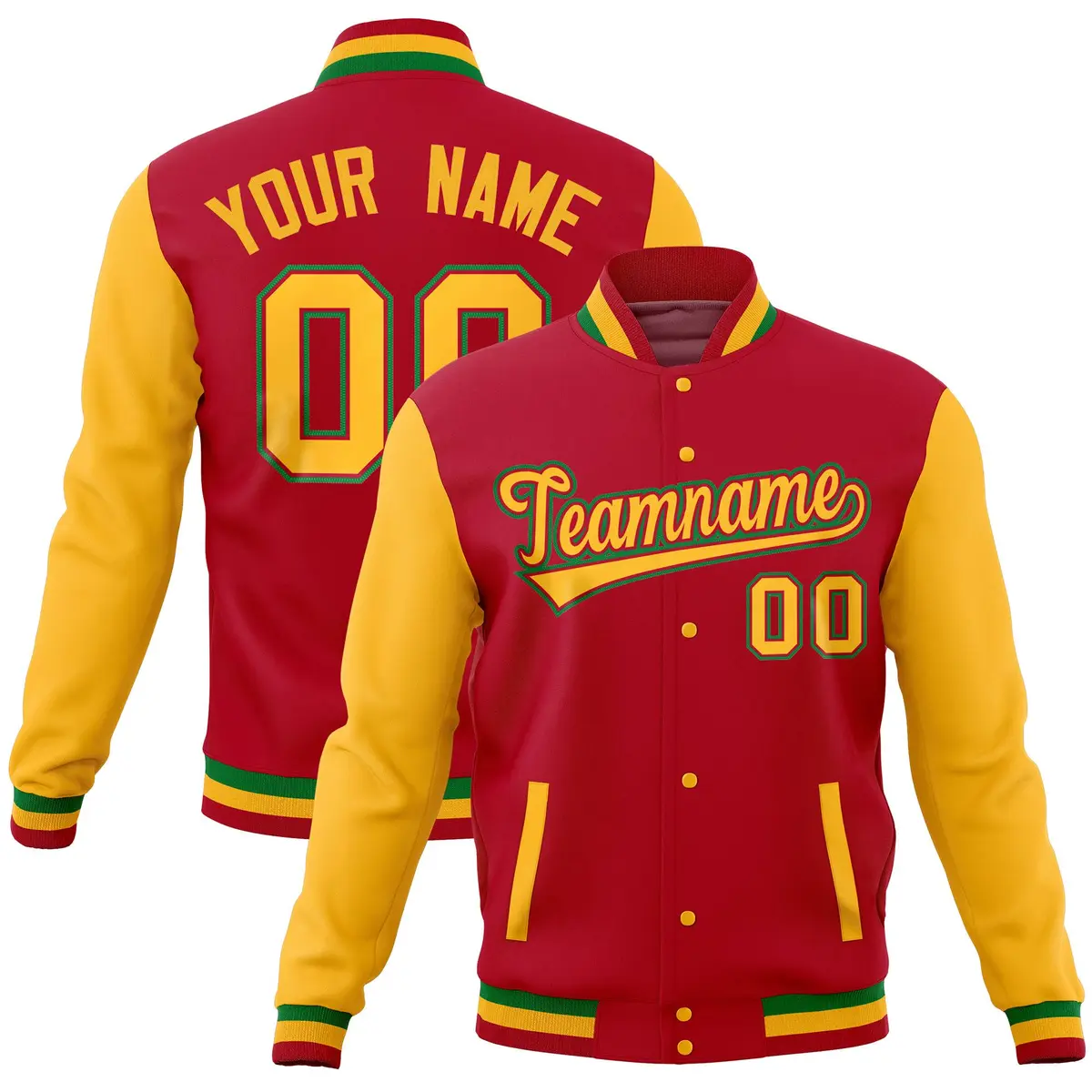 Red Gold Raglan Full-Snap Varsity Letterman Baseball Jacket