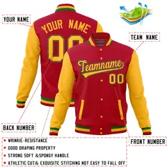 Red Gold Raglan Full-Snap Varsity Letterman Baseball Jacket 4