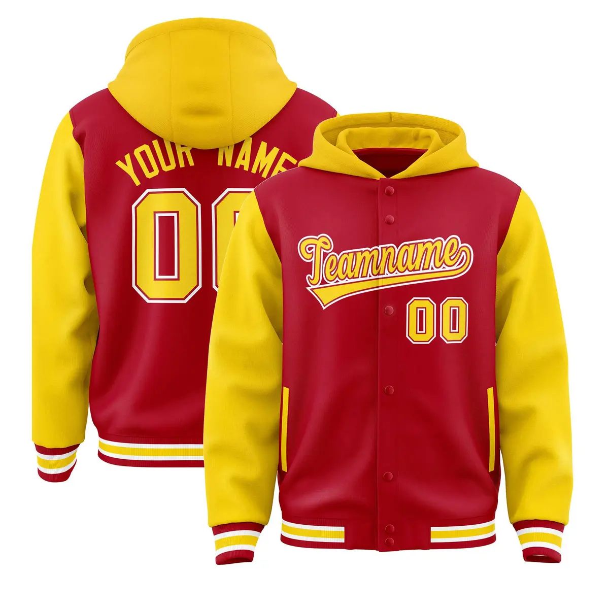 Red Gold Raglan Two Tone Full-Snap Varsity Letterman Jacket Hoodie