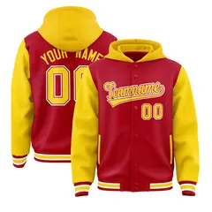 Red Gold Raglan Two Tone Full-Snap Varsity Letterman Jacket Hoodie