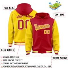 Red Gold Raglan Two Tone Full-Snap Varsity Letterman Jacket Hoodie 4