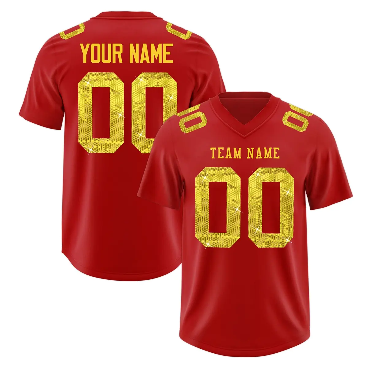 Red Gold Sequin Lettering Football Jersey