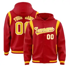 Red Gold Shoulder Color Block Varsity Letterman Jacket Hoodie