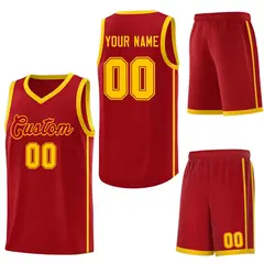 Red Gold Side Two Bars Basketball Jersey 6