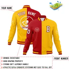 Red Gold Split Letterman Varsity Full-Snap Baseball Jacket 4