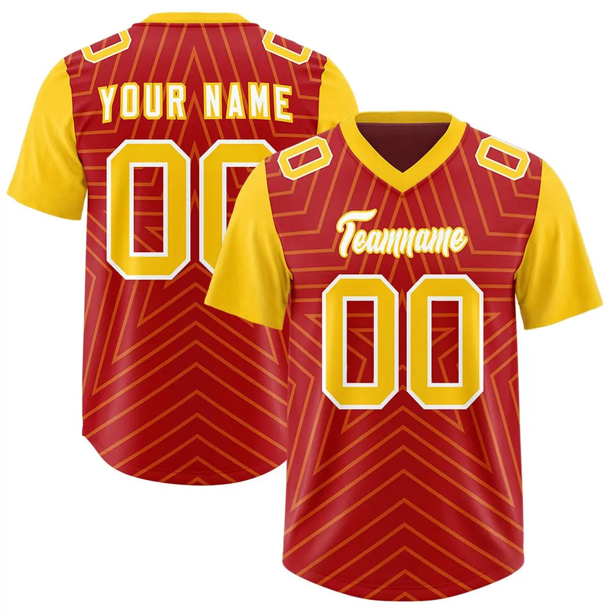 Red Gold Star Pattern Raglan Sleeves Football Jersey