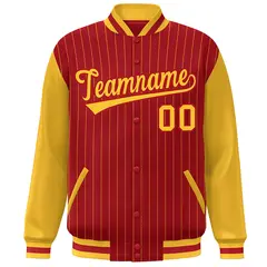Red Gold Stripe Varsity Bomber Jacket with Raglan Sleeves 3