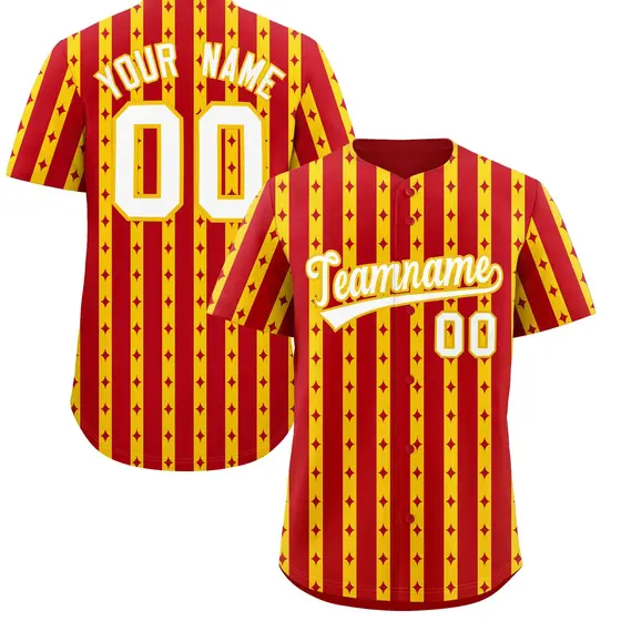 Red Gold Thick Striped Star Pattern Baseball Jersey
