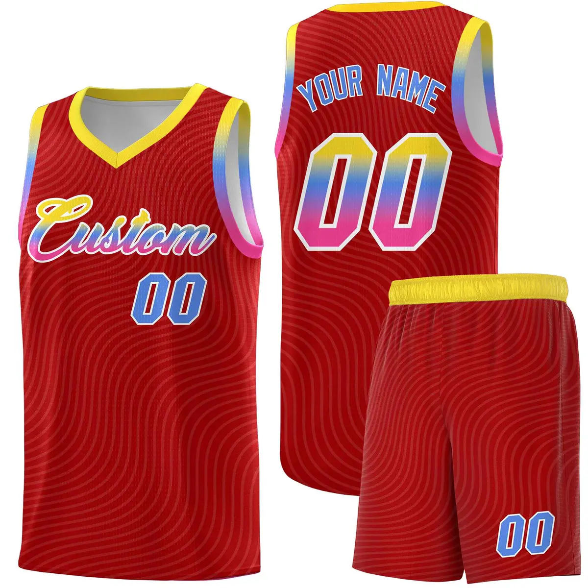 Red Gold Wave Pattern Basketball Uniform Jersey