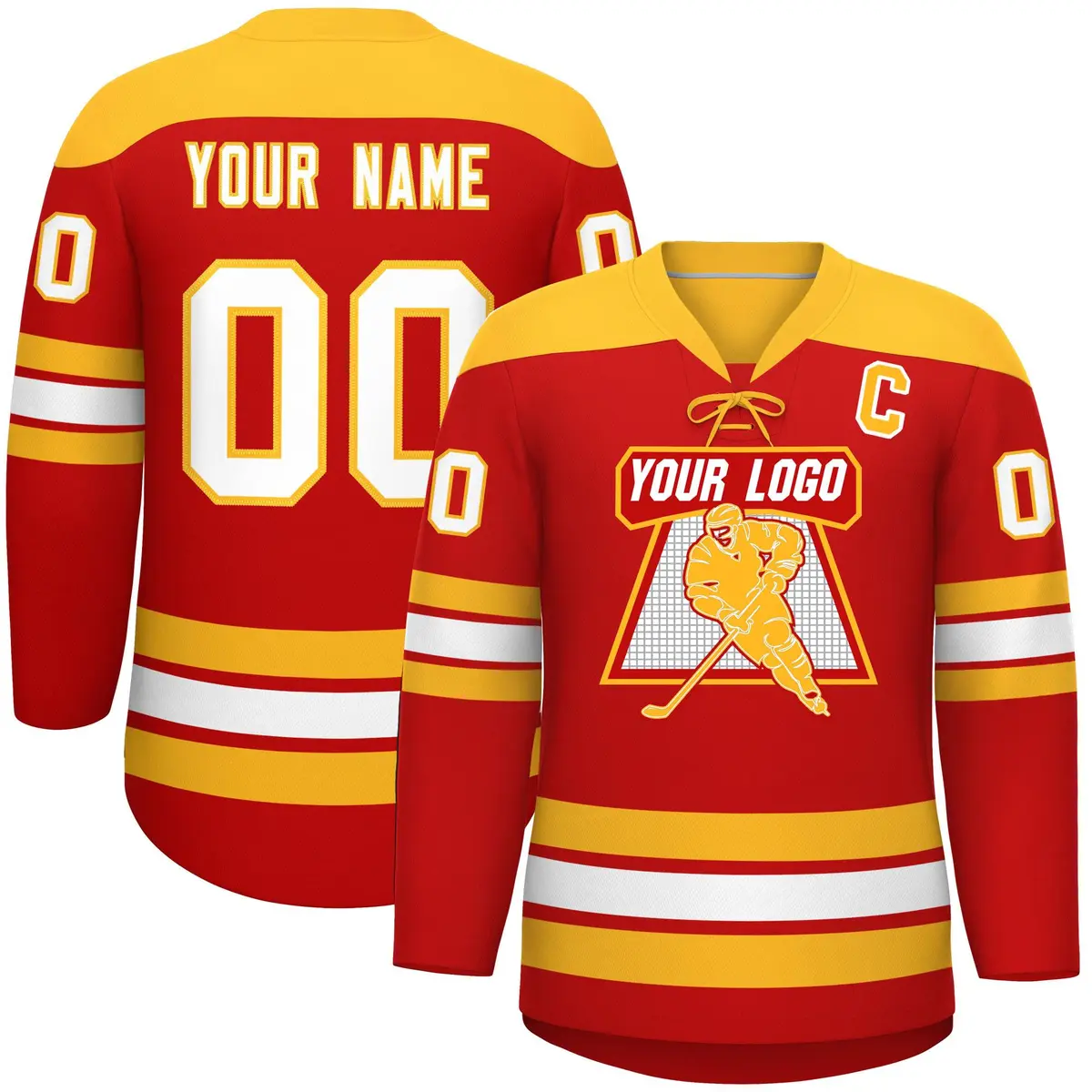Red Gold White Classic Lace-Up Neck Hockey Jersey