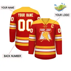 Red Gold White Classic Lace-Up Neck Hockey Jersey 2